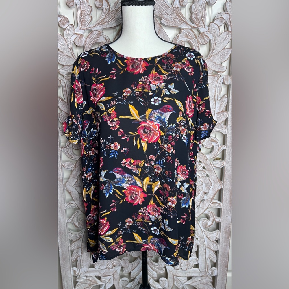 EUC DR2 Floral Bird Print Black Blouse Sz XL